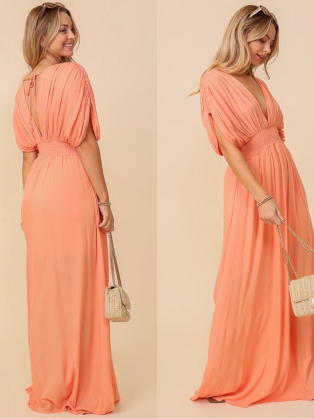 Timing Coral Pleated V-Neck Maxi Dress - Picture 3 of 12